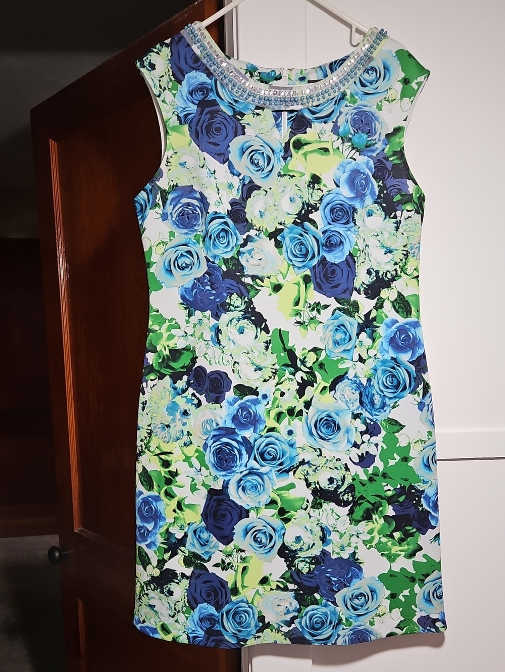 Covington Blue Roses Flowers Floral Stretchy Sleeveless Midi Dress Size 14 EUC